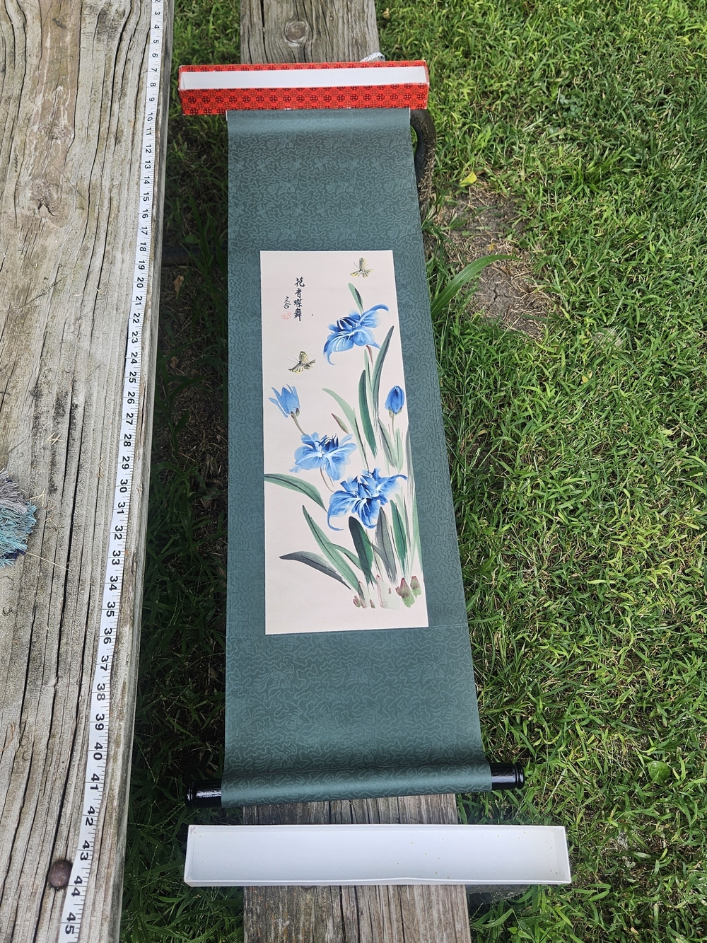 East Asian Hanging Scroll Watercolor Painting Blue Iris Flowers & Butterflies